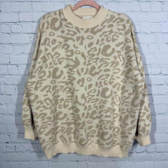 Main Strip Sweaters - Beige Leopard Print Oversized Sweater Mediun Pullover Animal Pattern Knit Top